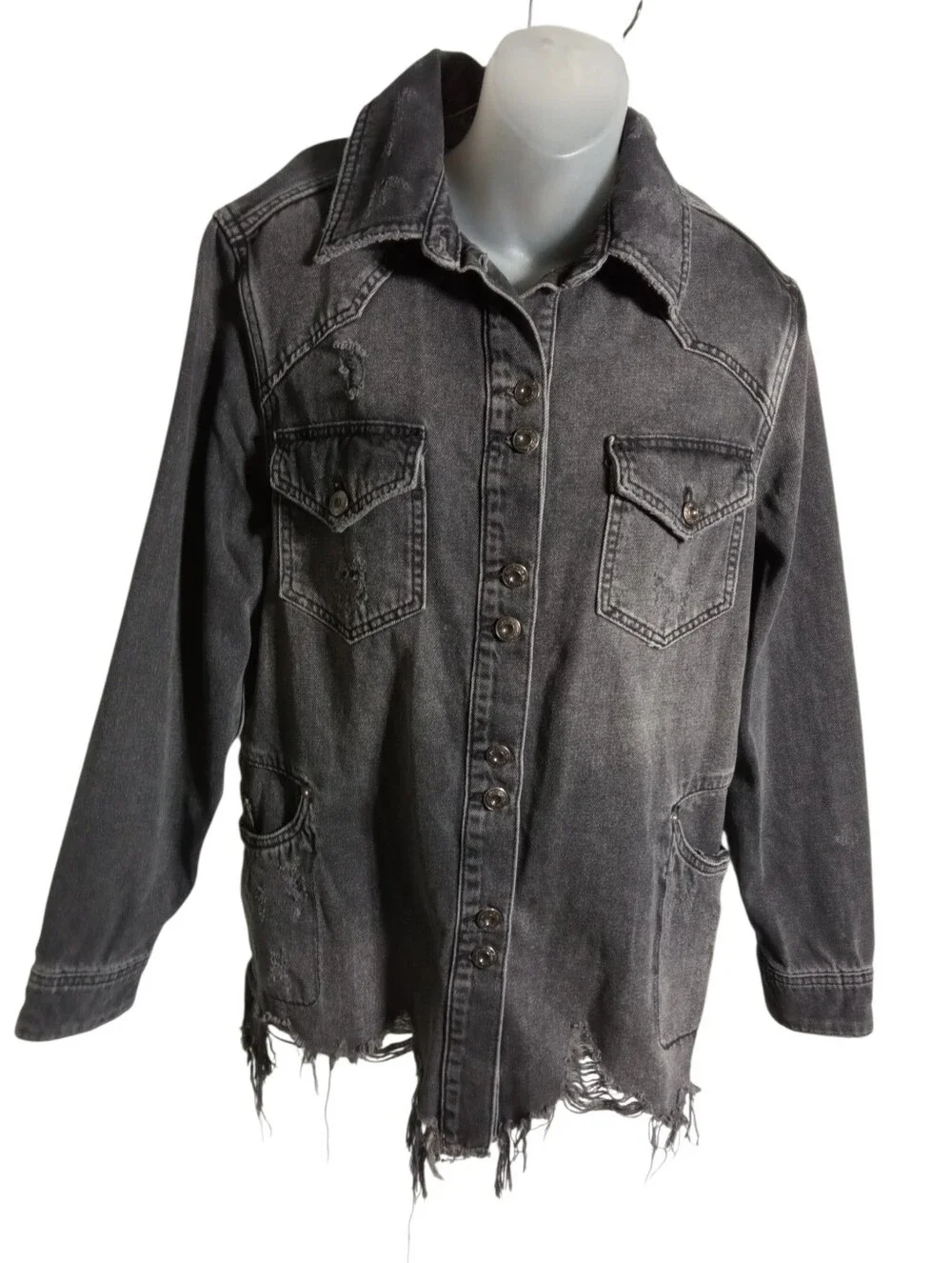 Free People Factory Distressed Black Denim Utility Jacket Raw Hem Large - Picture 2 of 9